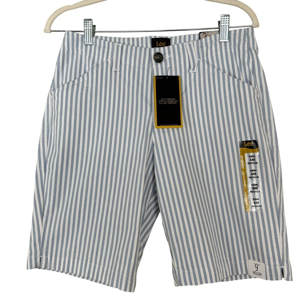 Lee Women's 4 Medium Bermuda Shorts Blue White Striped Stretch‎ Denim